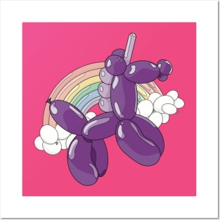 A light and dark purple unicorn balloon with a ballon rainbow and balloon clouds behind it. Posters and Art